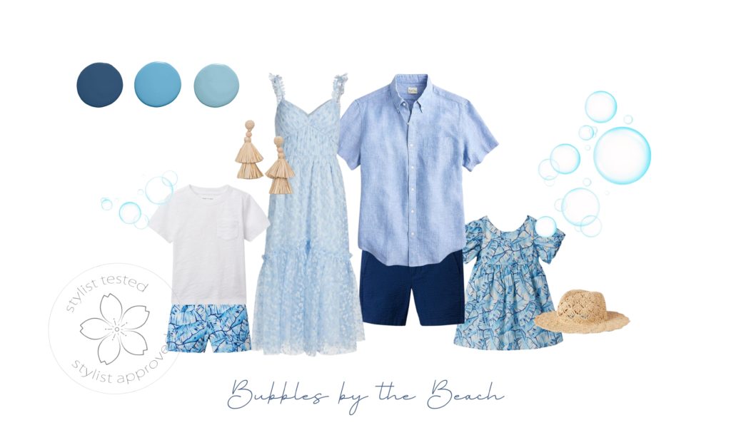Outfit inspiration for family photos on Maui – blue tones with tropical pattern and raffia accents