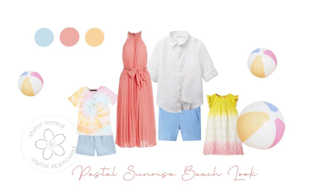 A family outfit inspiration guide for photos on Maui – pastel pink, yellow, and blue for a sunrise session