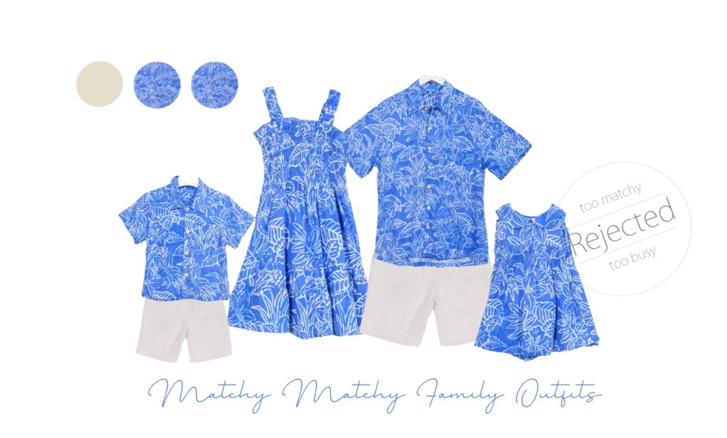 A family wearing outfits with the same Hawaiian pattern that are too matchy 