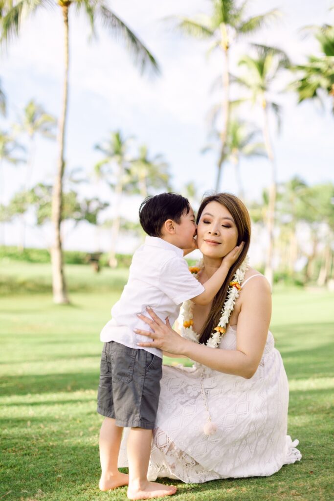 son and mom at family photos at the Westin Kaanapali Resorts and Villas
