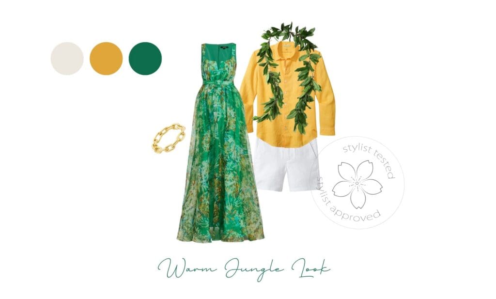 Maui maternity photos outfit inspiration jungle maternity look green dress gold jewelry yellow linen shirt and maile lei