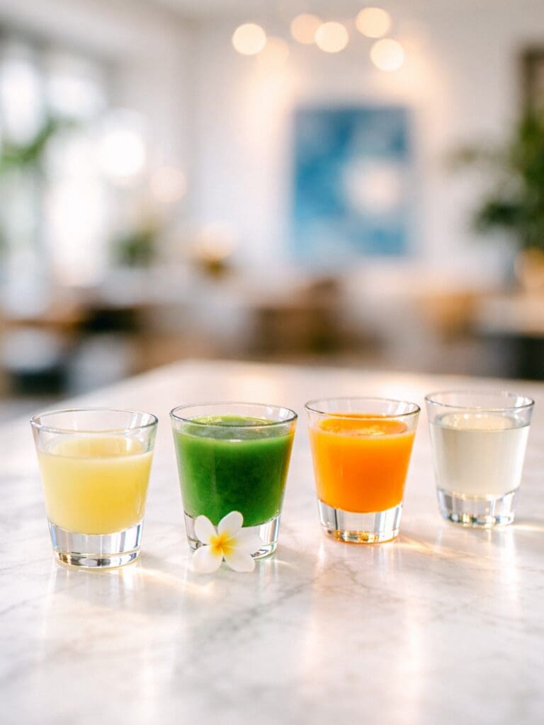 Fresh juices at the breakfast buffet at Kaʻana Kitchen at the Andaz Maui in Wailea