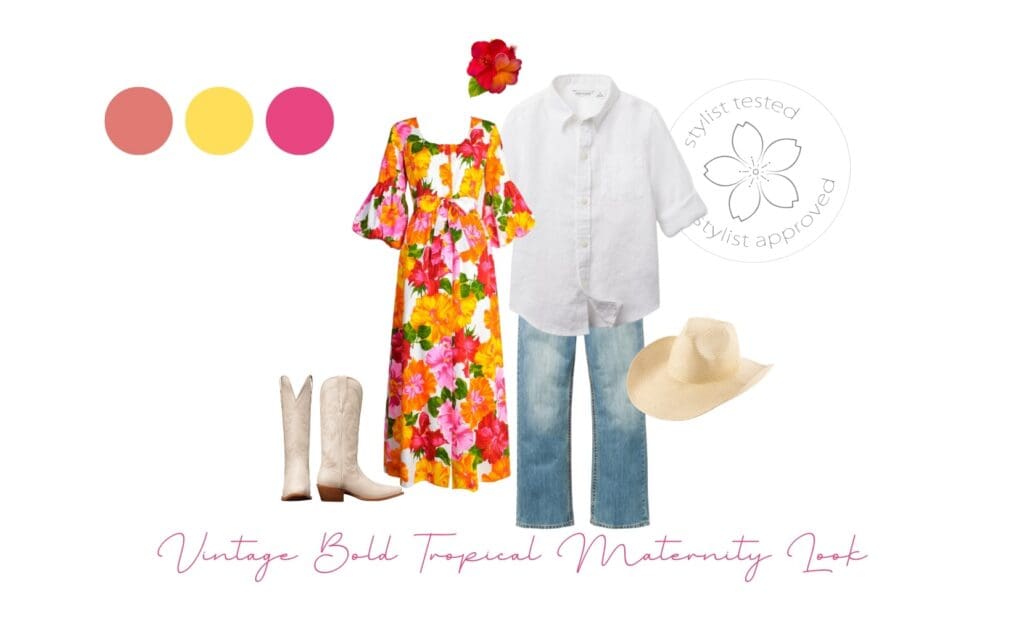 vintage exotic tropical flowers paniolo cowboy maternity outfit inspiration for Maui photos
