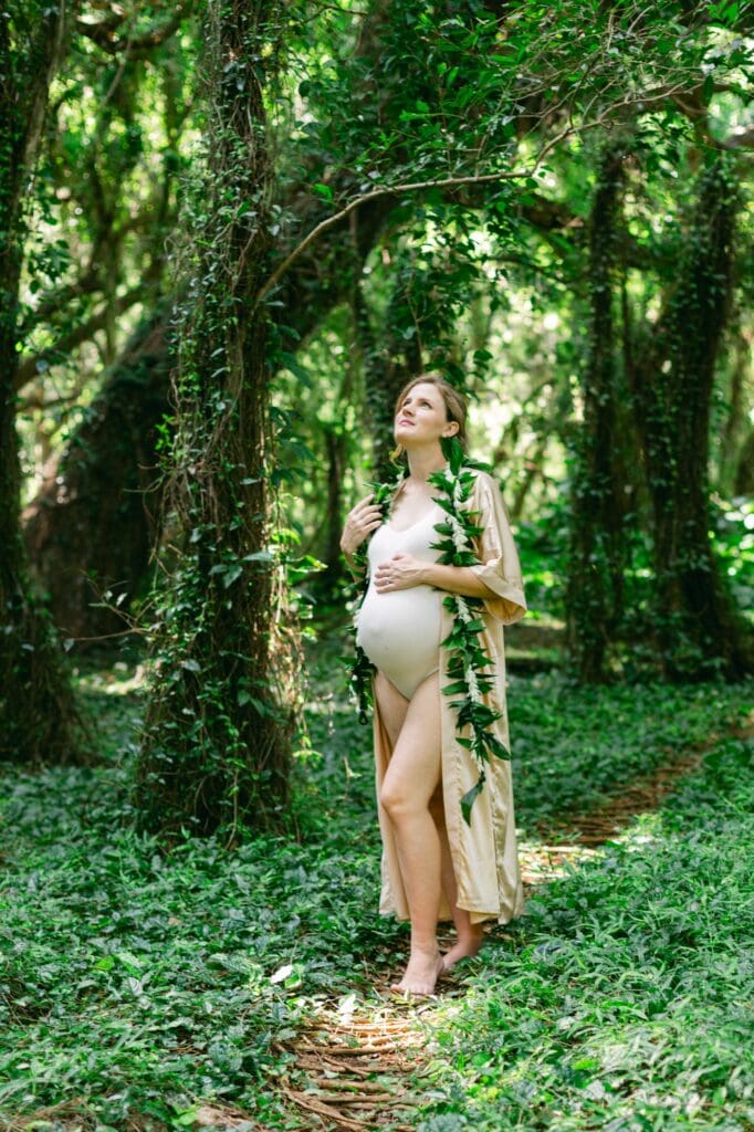 Maui maternity photography at Honolua Bay rainforest trail 