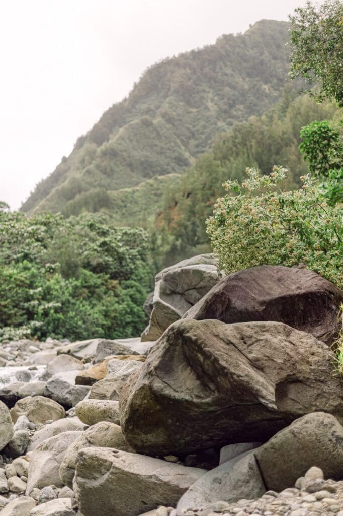 Misty riverbed with boulders in lush Iao Valley