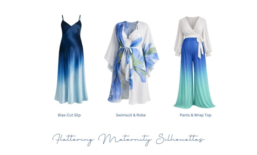 flattering maternity outfit silhouettes graphic for Maui maternity photos bias cut dress robe swimsuit drawstring pants wrap top