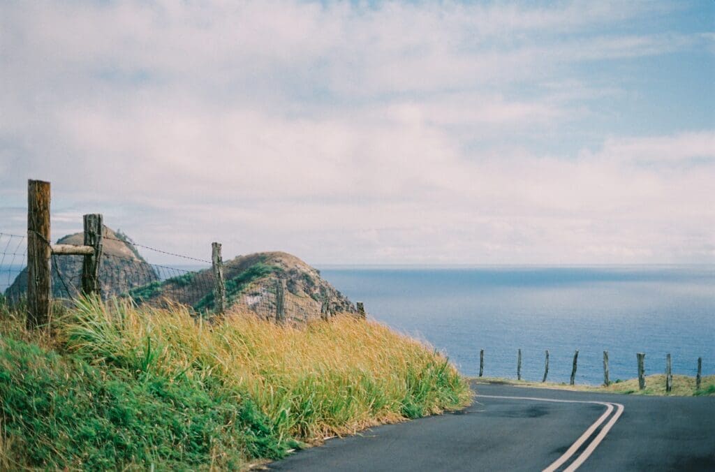 Soft, rolling green hills and pastoral scenery in Upcountry Maui, offering a quiet and unique setting for maternity photos.