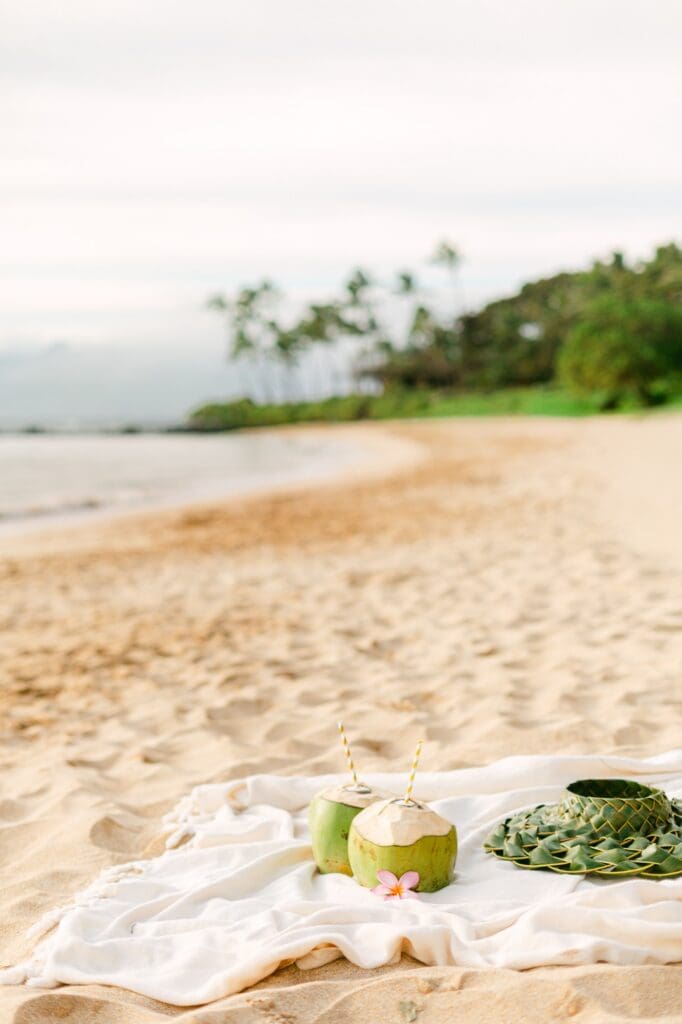A relaxed beach picnic at sunset featuring drinking coconuts during a Maui maternity photography session.